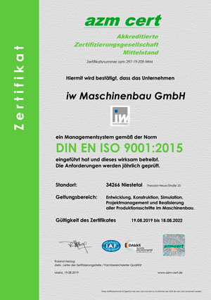 The iw machine is certified according to DIN EN ISO 9001: 2015
